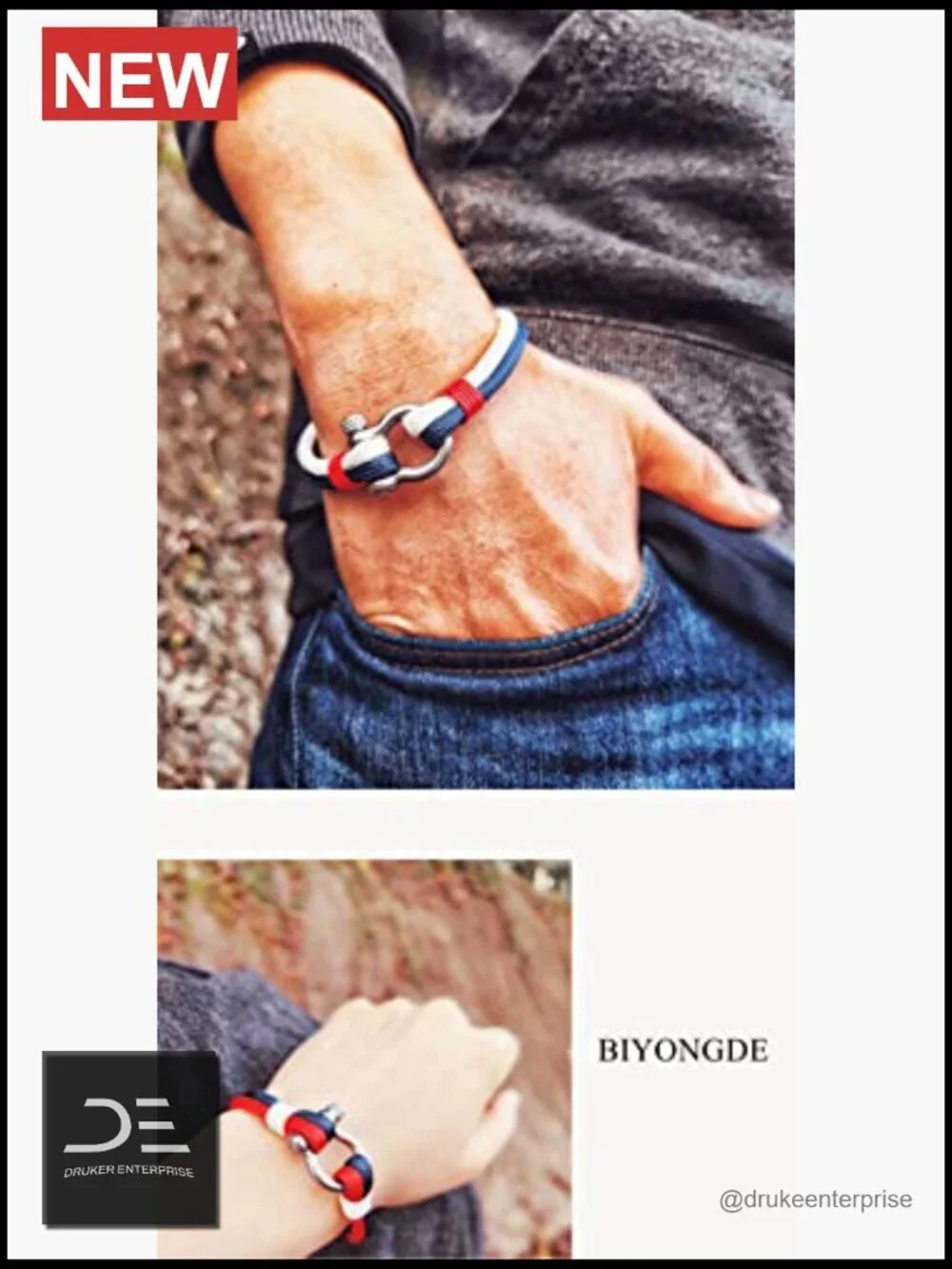 Nautical String Rope Wrap Bracelet Stainless Steel Shackle Unisex